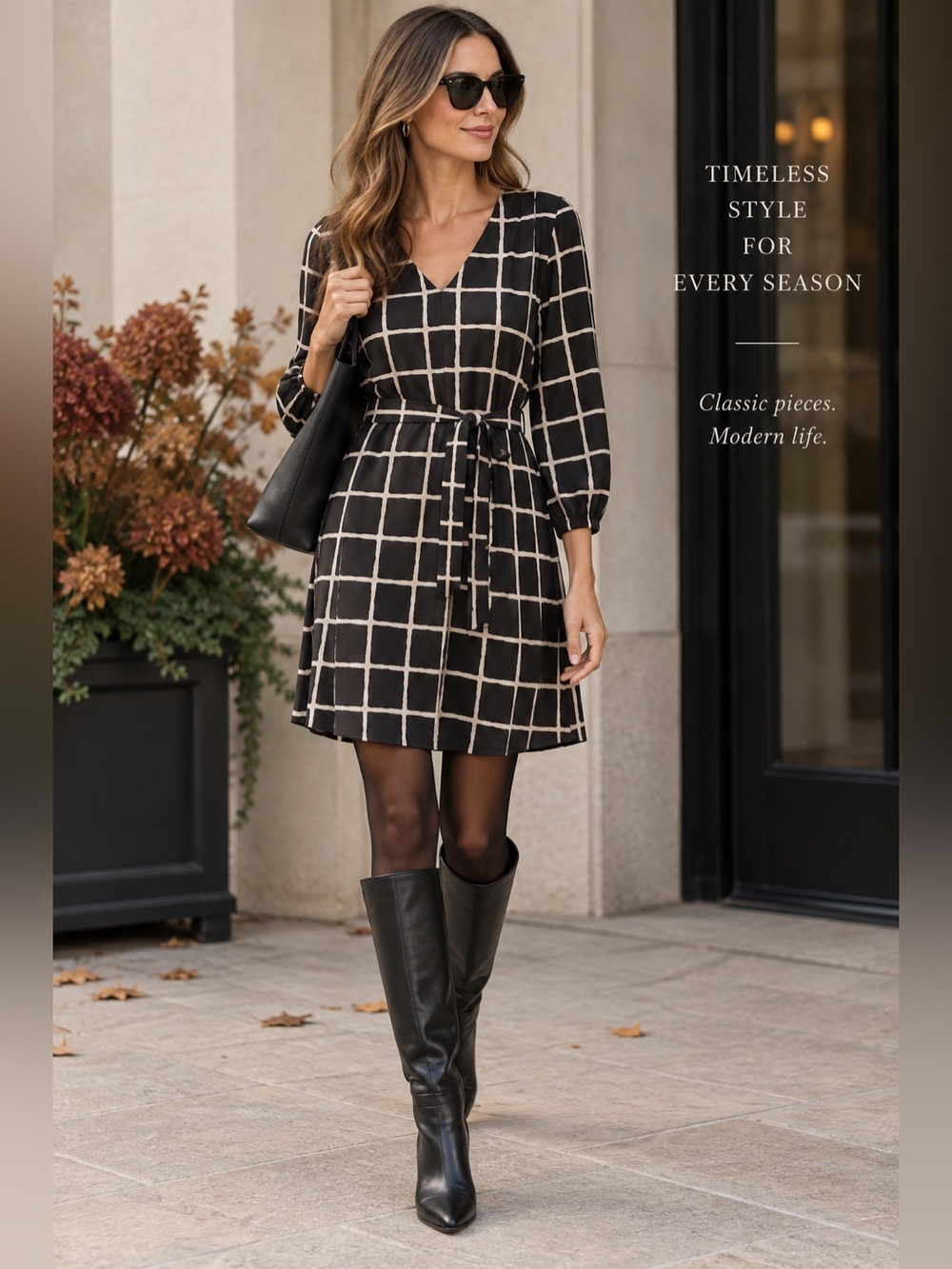AUW Black Cream Windowpane Plaid Belted 3/4 Sleeve Dress Size 10